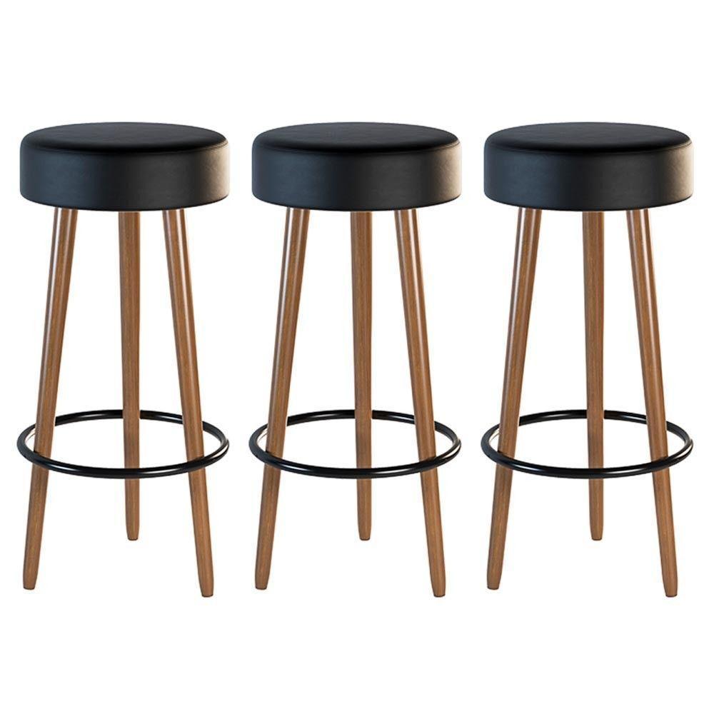 Kit 03 Banquetas Estofada Com Pés De Madeira Couríssimo Preto - 1