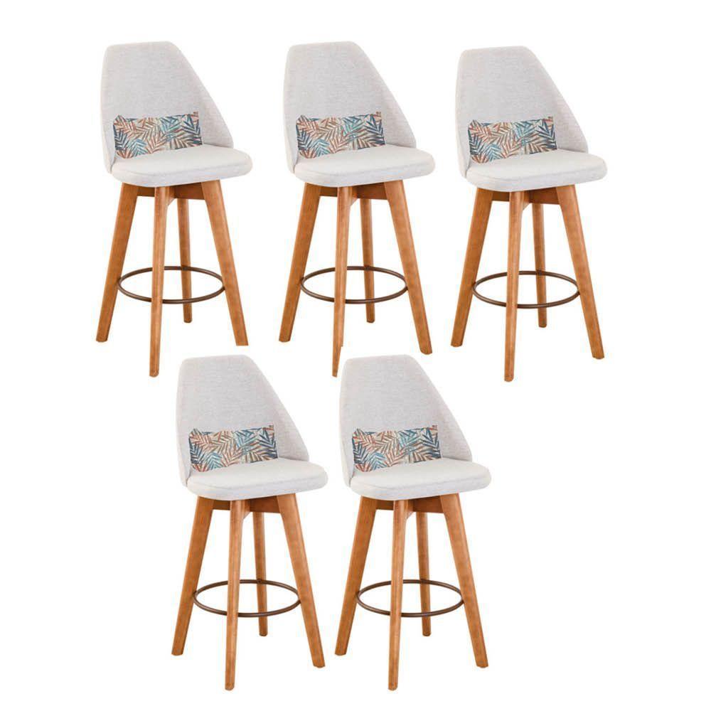 Kit 05 Banquetas Linho Bege E Almofada Folhas - 1