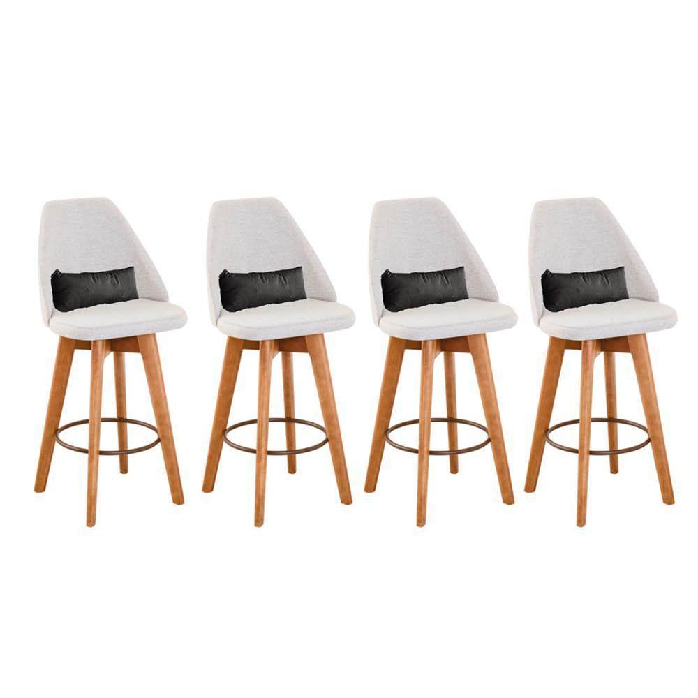 Kit 04 Banquetas Com Encosto Linho Bege E Almofada Cinza - 1