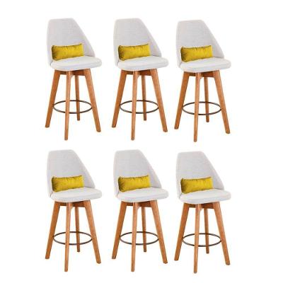 Kit 06 Banquetas Com Encosto Bege Claro E Almofada Amarelo