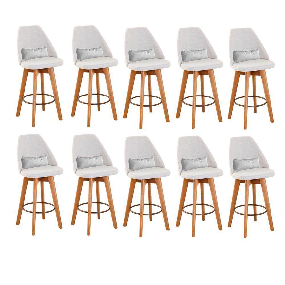 Kit 10 Banquetas Com Encosto Linho Bege E Almofada Branco - 1