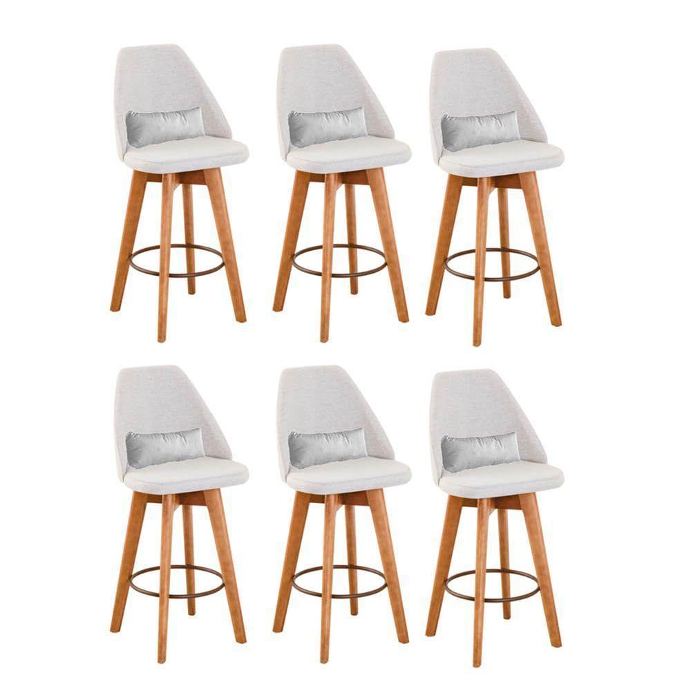 Kit 06 Banquetas Linho Bege E Almofada Suede Branco - 1