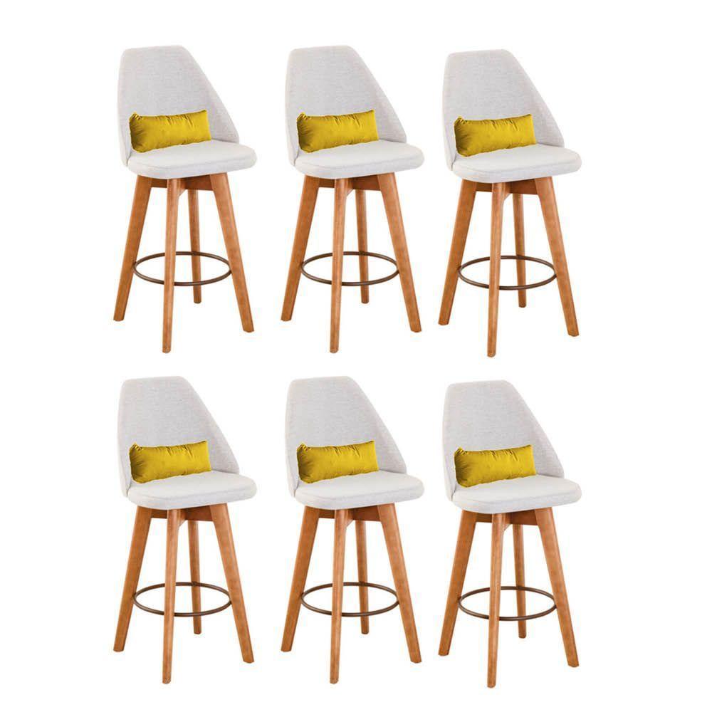 Kit 06 Banquetas Linho Bege E Almofada Suede Amarelo - 1