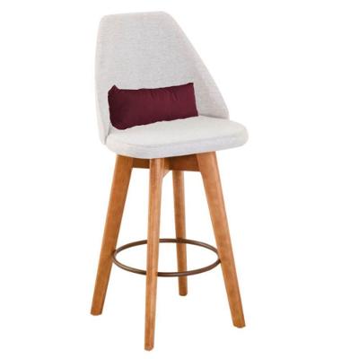 Banqueta Com Encosto Linho Bege E Almofada Suede Bordô