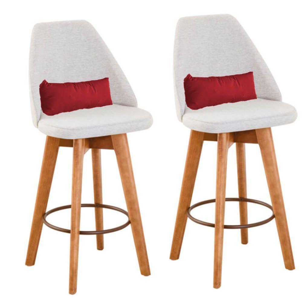 Kit 02 Banquetas Linho Bege E Almofada Suede Vermelho - 1