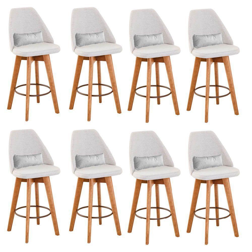 Kit 08 Banquetas Linho Bege E Almofada Sintético Branco - 1