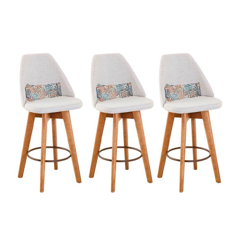 Kit 03 Banquetas Linho Bege E Almofada Folhas - 1