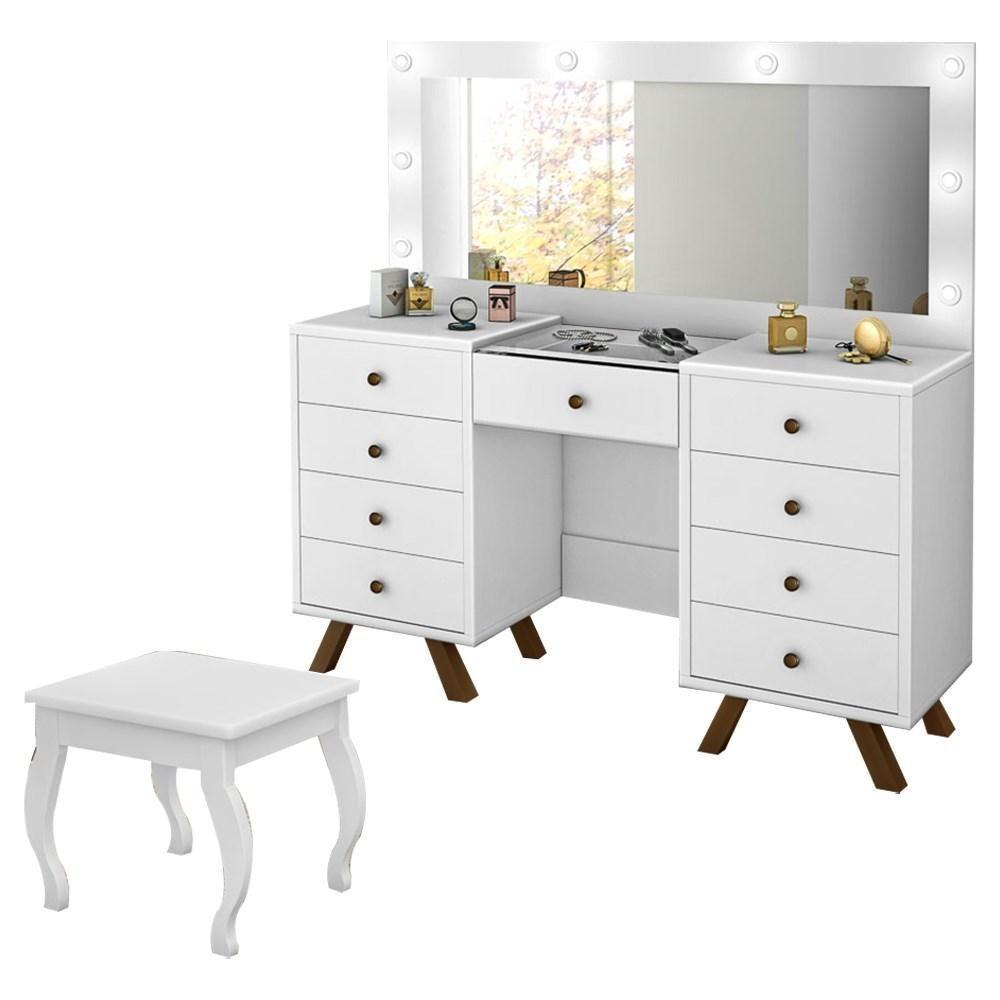 Penteadeira 8 Gavetas E Porta Joias Com Banqueta Branco - 1