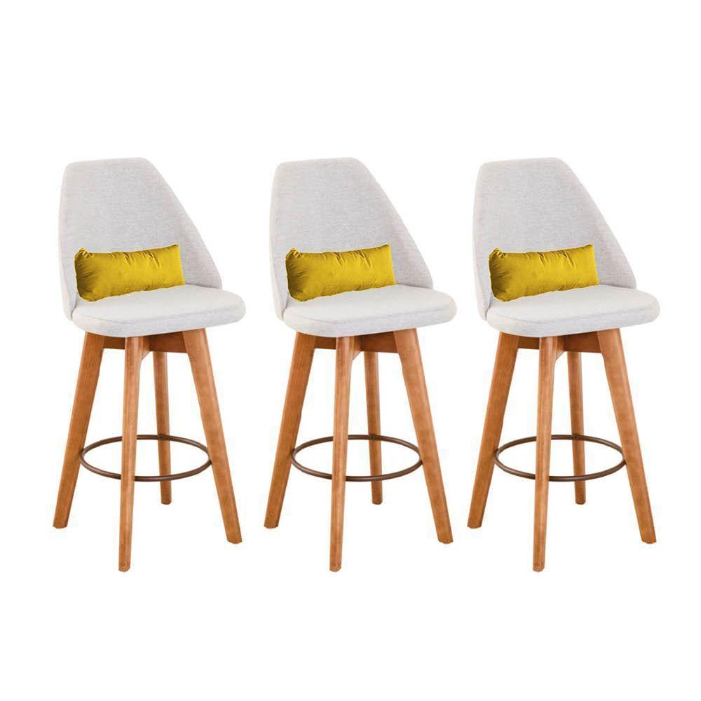 Kit 03 Banquetas Linho Bege E Almofada Suede Amarelo - 1