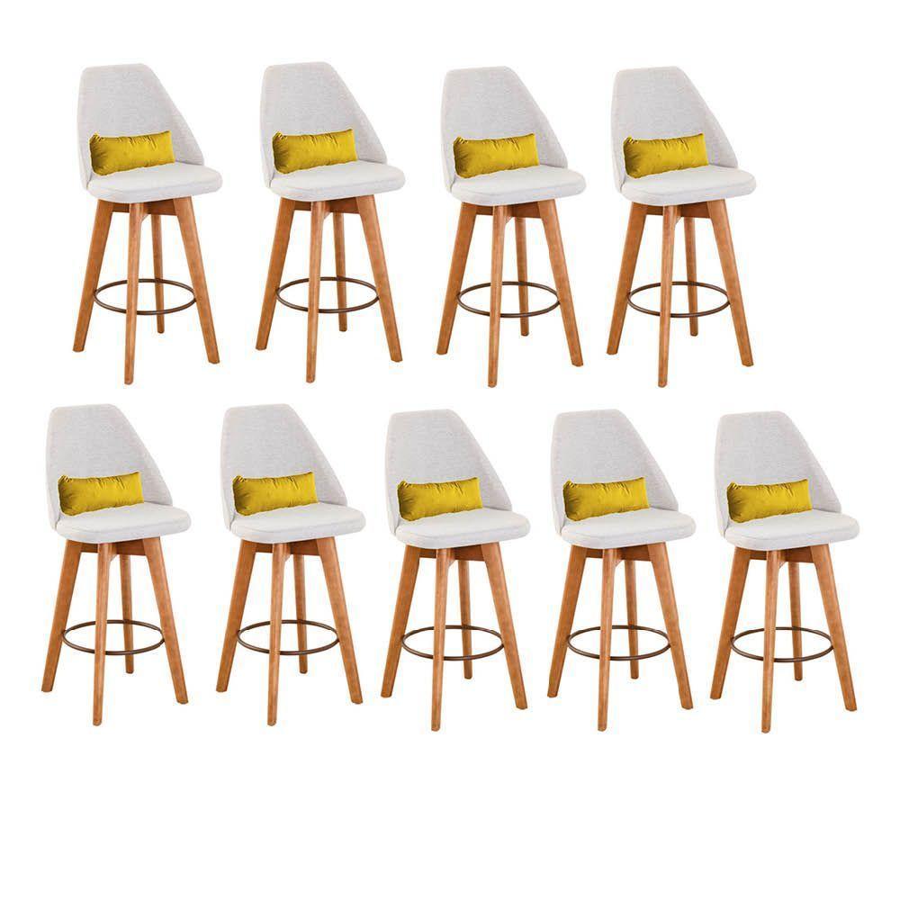 Kit 09 Banquetas Com Encosto Linho Bege E Almofada Amarelo - 1