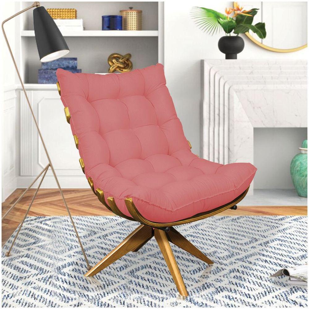 Poltrona Giratória Costela Linho Whiski Rose A106 Base Madeira - 7