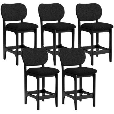 Kit 5 Banquetas Baixa Betta L02 Assento Linho Base Fixa Encosto Madeira Preto para Cozinha