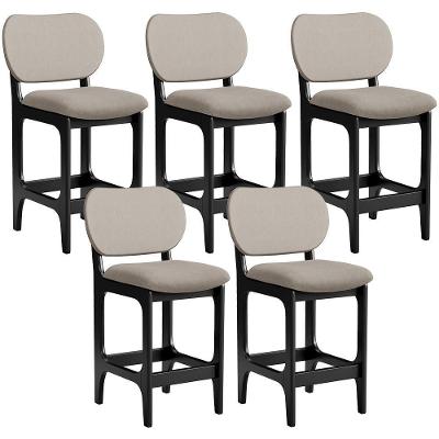 Kit 05 Banquetas Baixa Betta L02 Assento Linho Base Fixa Encosto Estofado Preto