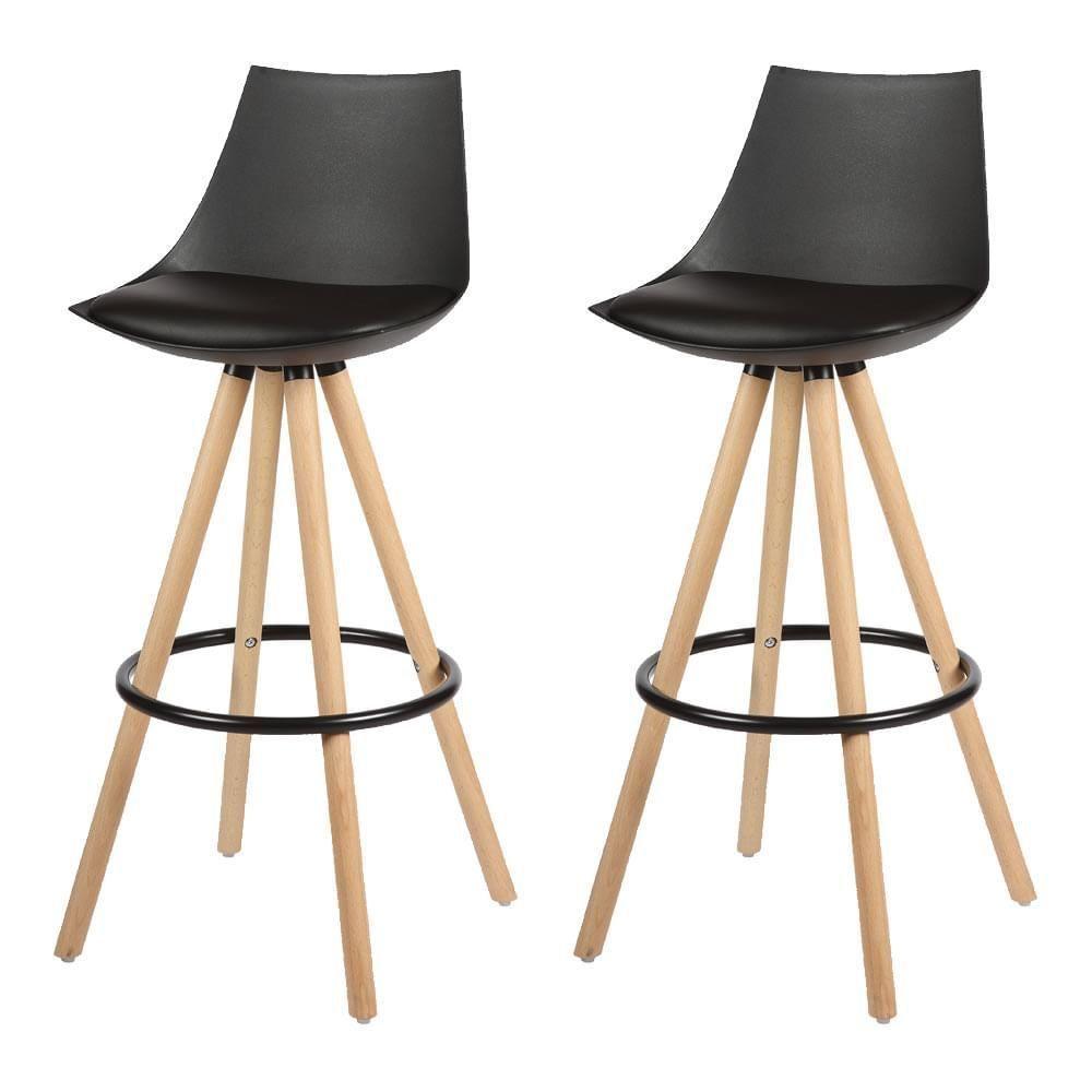 Kit 2 Banquetas Altas Lorena Rivatti Polipropileno Preta Base Madeira - 1