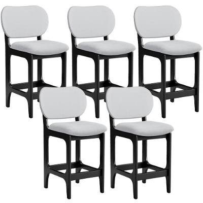 Kit 05 Banquetas Baixa Betta L02 Assento em Linho Base Fixa com Encosto Preto Cinza