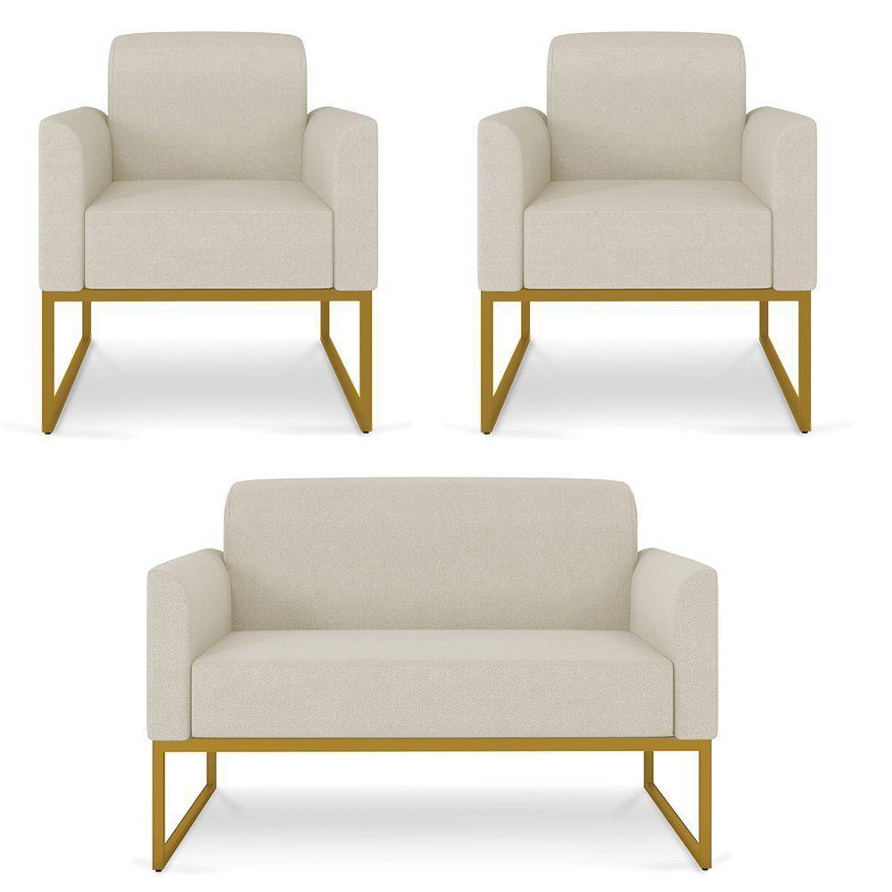 Kit 01 Namoradeira 02 Lugares E 02 Poltronas Marisa Linho Grosso Bege A19 Base Industrial Metálica Dourado - 1