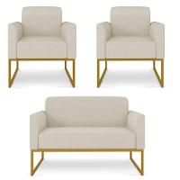 Kit 01 Namoradeira 02 Lugares E 02 Poltronas Marisa Linho Grosso Bege A19 Base Industrial Metálica Dourado - 1