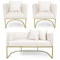 Kit 01 Namoradeira 02 Lugares E 02 Poltronas Paola Linho Base Metálica Dourado Cor A27 Areia - 1