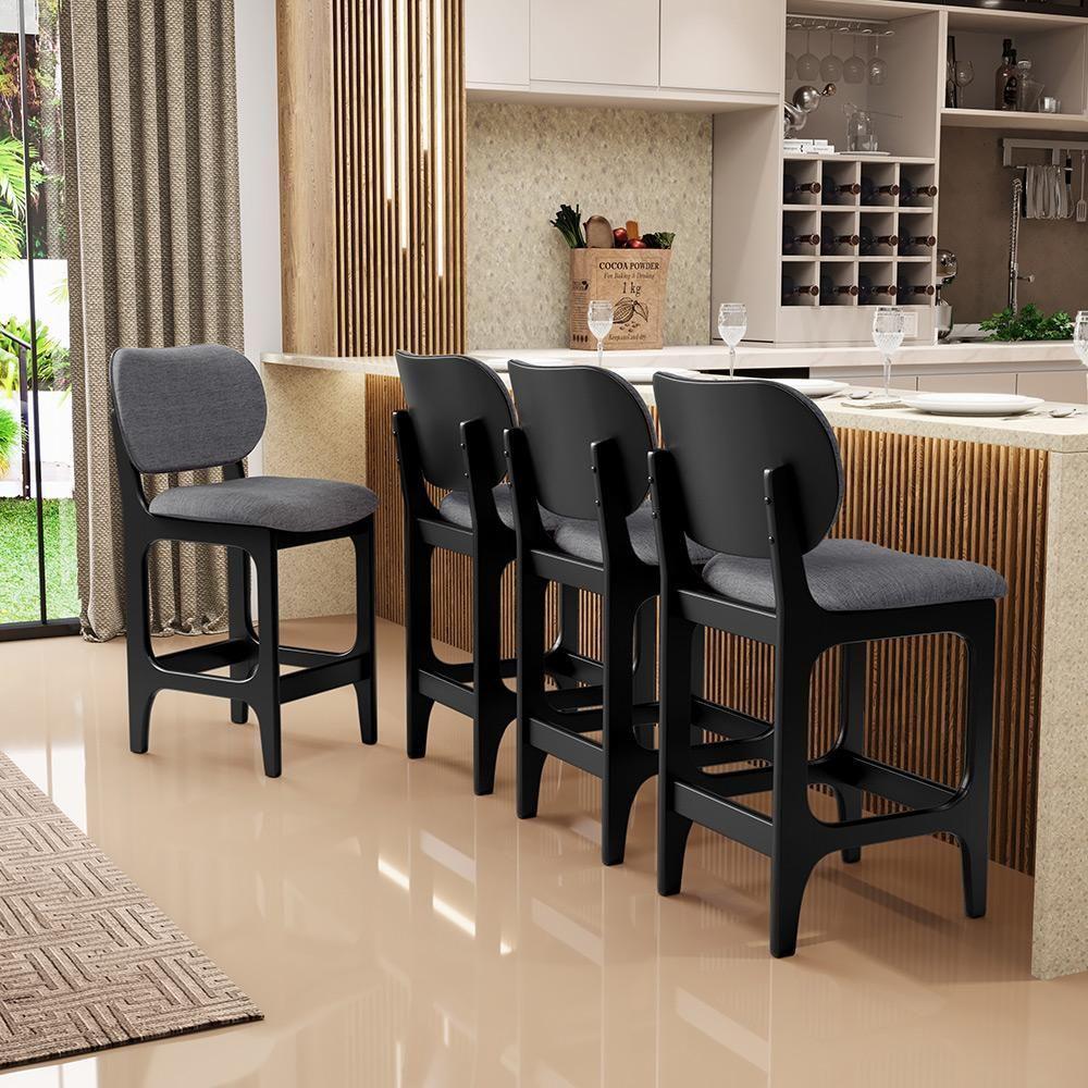 Kit 05 Banquetas Baixa Bar Cozinha E Sala De Jantar Fixa Betta L02 Preto Linho Cinza Escuro - 4