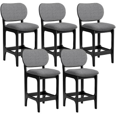 Kit 05 Banquetas Baixa Betta L02 Assento em Linho Base Fixa com Encosto Preto