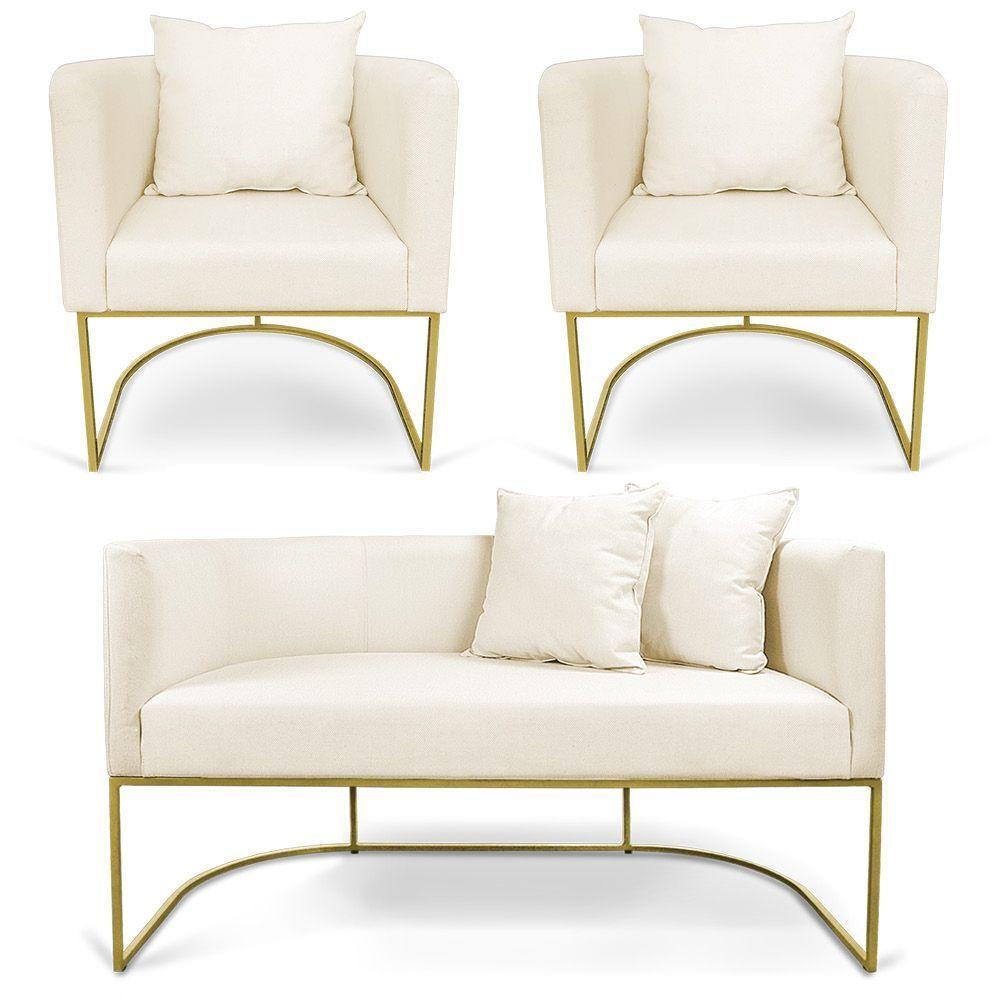 Kit 01 Namoradeira 02 Lugares E 02 Poltronas Paola Linho Base Metálica Dourado Cor A19 Grosso Bege - 1