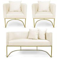 Kit 01 Namoradeira 02 Lugares E 02 Poltronas Paola Linho Base Metálica Dourado Cor A19 Grosso Bege - 1