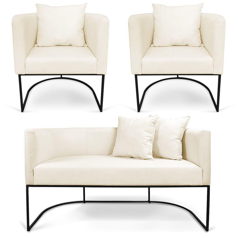 Kit 01 Namoradeira 02 Lugares E 02 Poltronas Paola Linho Base Metálica Preto Cor A19 Grosso Bege - 1