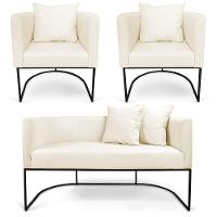 Kit 01 Namoradeira 02 Lugares E 02 Poltronas Paola Linho Base Metálica Preto Cor A19 Grosso Bege - 1