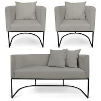 Kit 01 Namoradeira 02 Lugares E 02 Poltronas Paola Linho Base Metálica Preto Cor A26 Grafite - 1