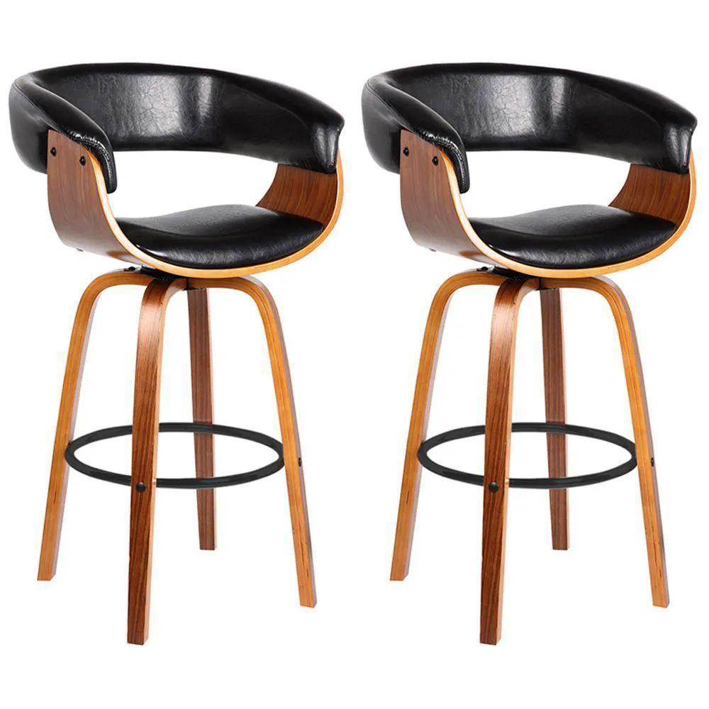 Kit 2 Banquetas Giratória Alta Com Encosto Base Madeira Ravi R02 Pu Preto - Mpozenato - 1