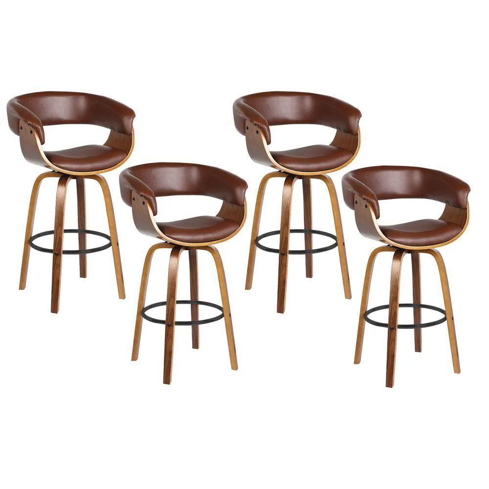 Kit 4 Banquetas Giratória Alta Com Encosto Base Madeira Ravi R02 Pu Marrom - Mpozenato - 1