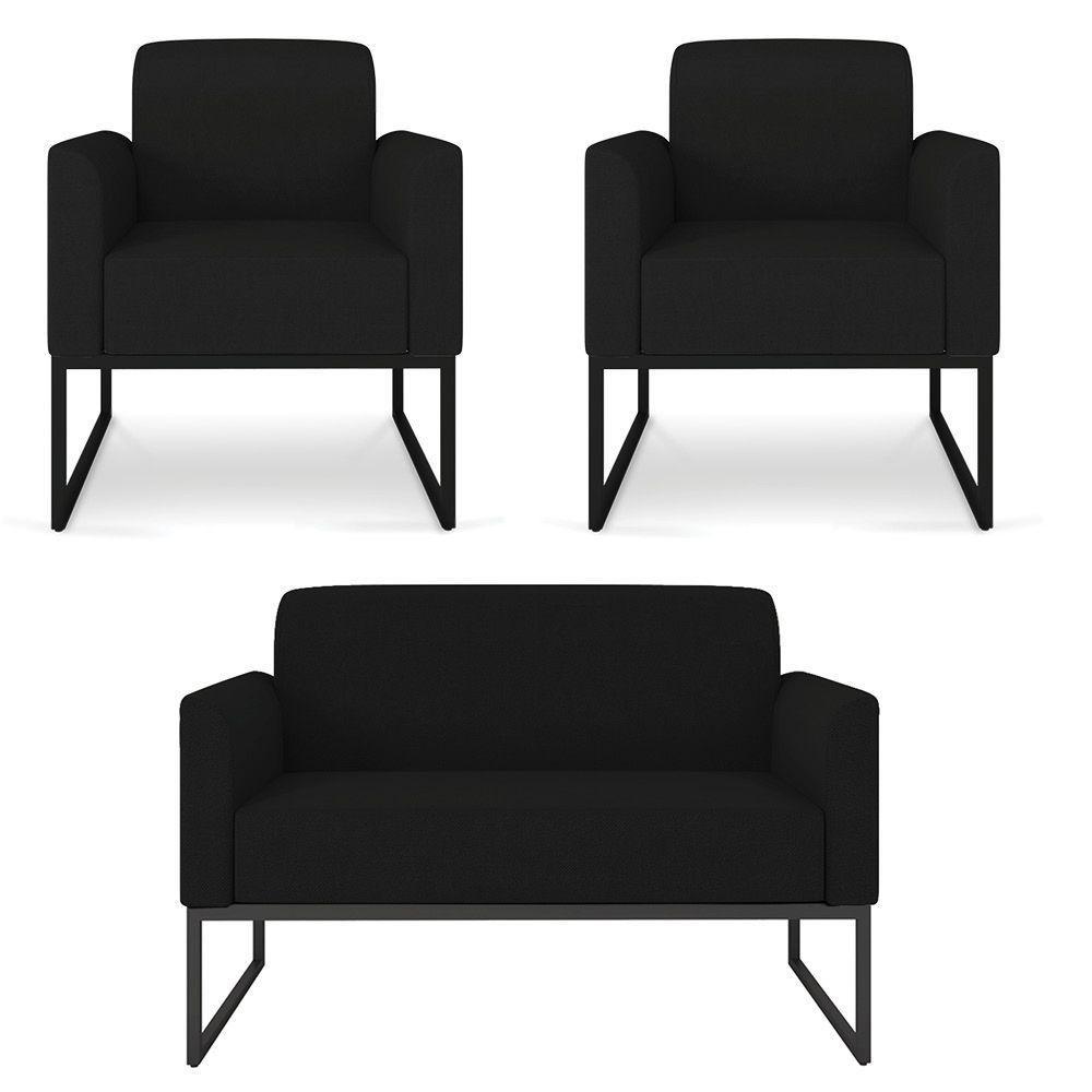 Kit 01 Namoradeira 02 Lugares E 02 Poltronas Marisa Linho Preto A79 Base Industrial Metálica Preto - 1