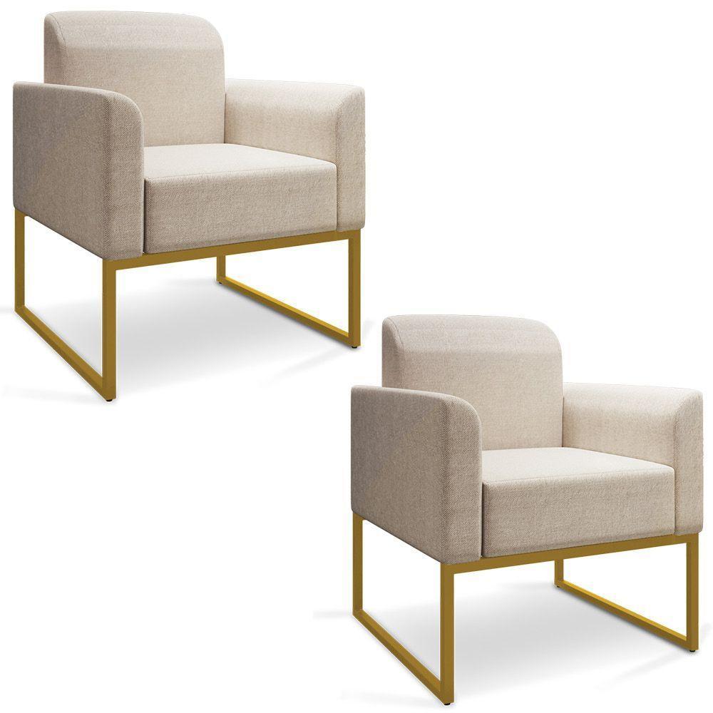 Kit 02 Poltronas Marisa Linho Base Industrial Metálica Dourado - D'rossi Cor A27 Areia - 1