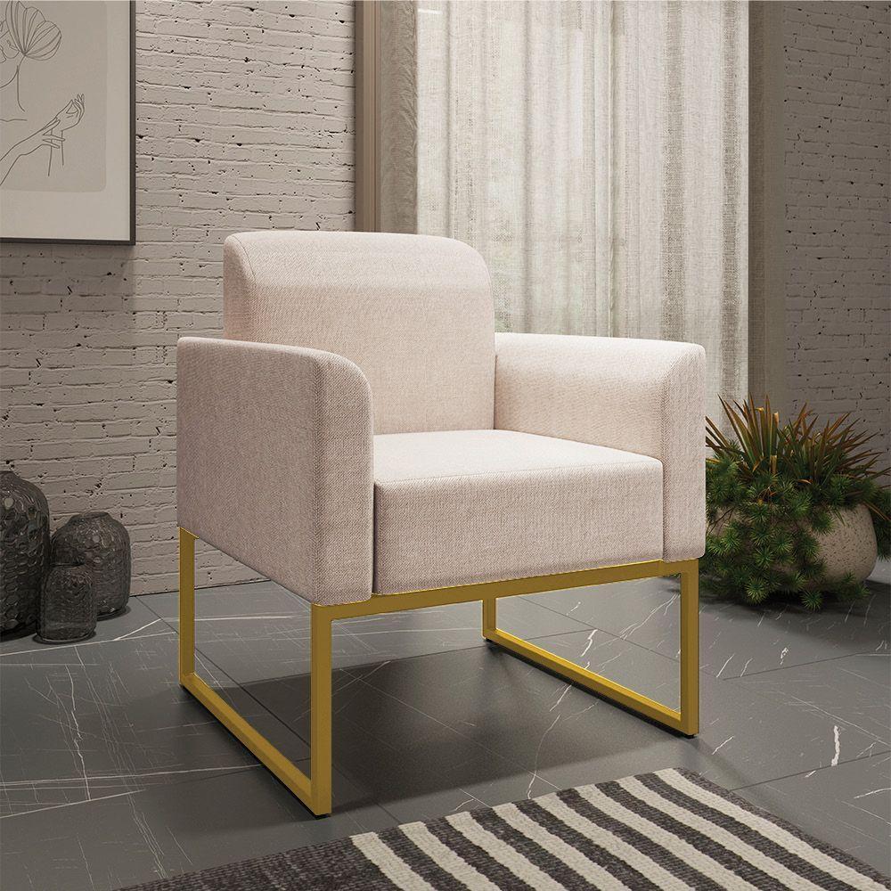 Kit 02 Poltronas Marisa Linho Base Industrial Metálica Dourado - D'rossi Cor A27 Areia - 7
