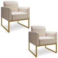 Kit 02 Poltronas Marisa Linho Base Industrial Metálica Dourado - D'rossi Cor A27 Areia - 1