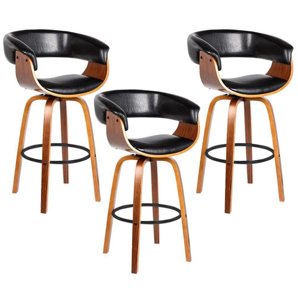 Kit 3 Banquetas Giratória Alta Com Encosto Base Madeira Ravi R02 Pu Preto - Mpozenato - 1