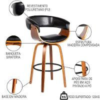 Kit 3 Banquetas Giratória Alta Com Encosto Base Madeira Ravi R02 Pu Preto - Mpozenato - 3