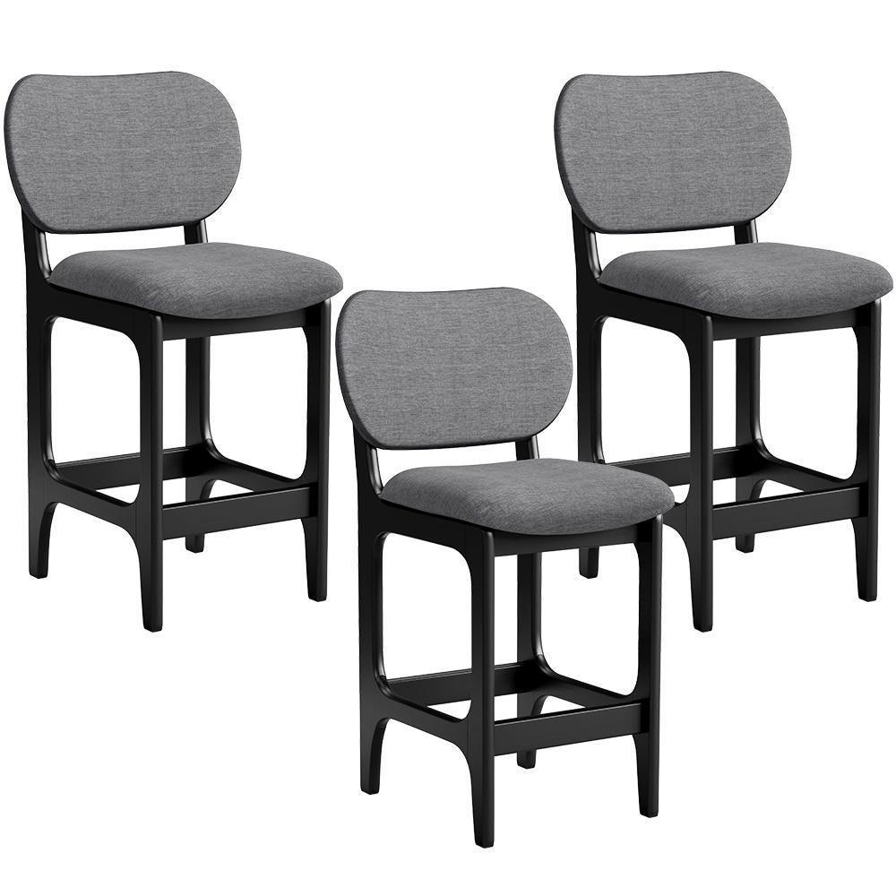 Kit 03 Banquetas Baixa Bar Cozinha E Sala De Jantar Fixa Betta L02 Preto Linho Cinza Escuro - 1