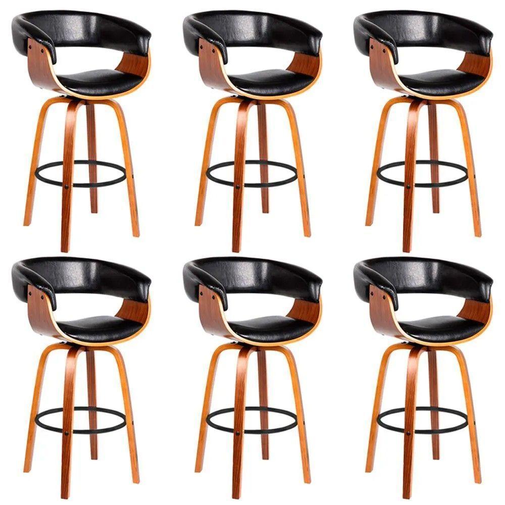 Kit 6 Banquetas Giratória Alta Com Encosto Base Madeira Ravi R02 Pu Preto - Mpozenato - 1