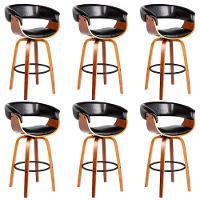 Kit 6 Banquetas Giratória Alta Com Encosto Base Madeira Ravi R02 Pu Preto - Mpozenato - 1