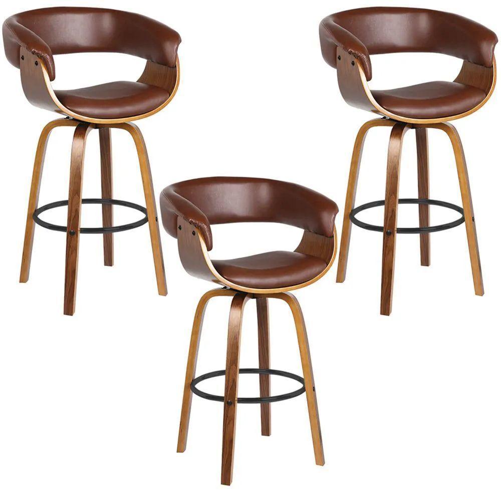 Kit 3 Banquetas Giratória Alta Com Encosto Base Madeira Ravi R02 Pu Marrom - Mpozenato - 1