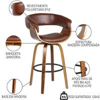 Kit 3 Banquetas Giratória Alta Com Encosto Base Madeira Ravi R02 Pu Marrom - Mpozenato - 3