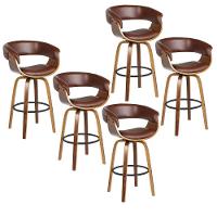 Kit 5 Banquetas Giratória Alta Com Encosto Base Madeira Ravi R02 Pu Marrom - Mpozenato - 1