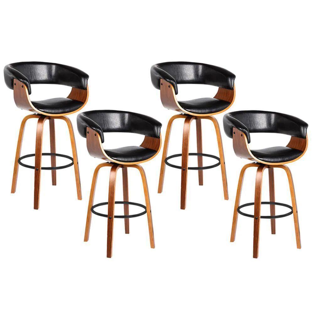 Kit 4 Banquetas Giratória Alta Com Encosto Base Madeira Ravi R02 Pu Preto - Mpozenato - 1