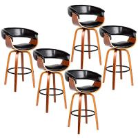 Kit 5 Banquetas Giratória Alta Com Encosto Base Madeira Ravi R02 Pu Preto - Mpozenato - 1