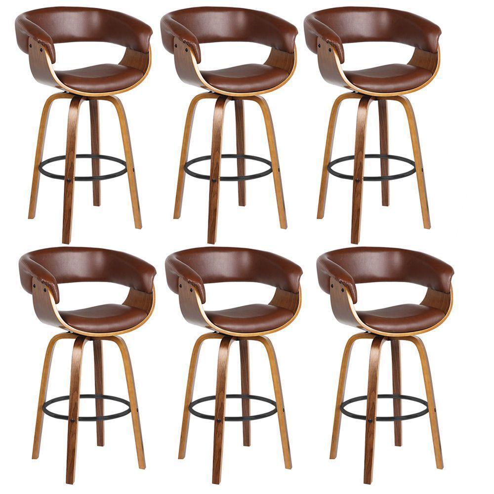 Kit 6 Banquetas Giratória Alta Com Encosto Base Madeira Ravi R02 Pu Marrom - Mpozenato - 1