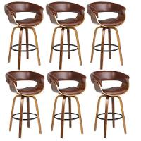 Kit 6 Banquetas Giratória Alta Com Encosto Base Madeira Ravi R02 Pu Marrom - Mpozenato - 1