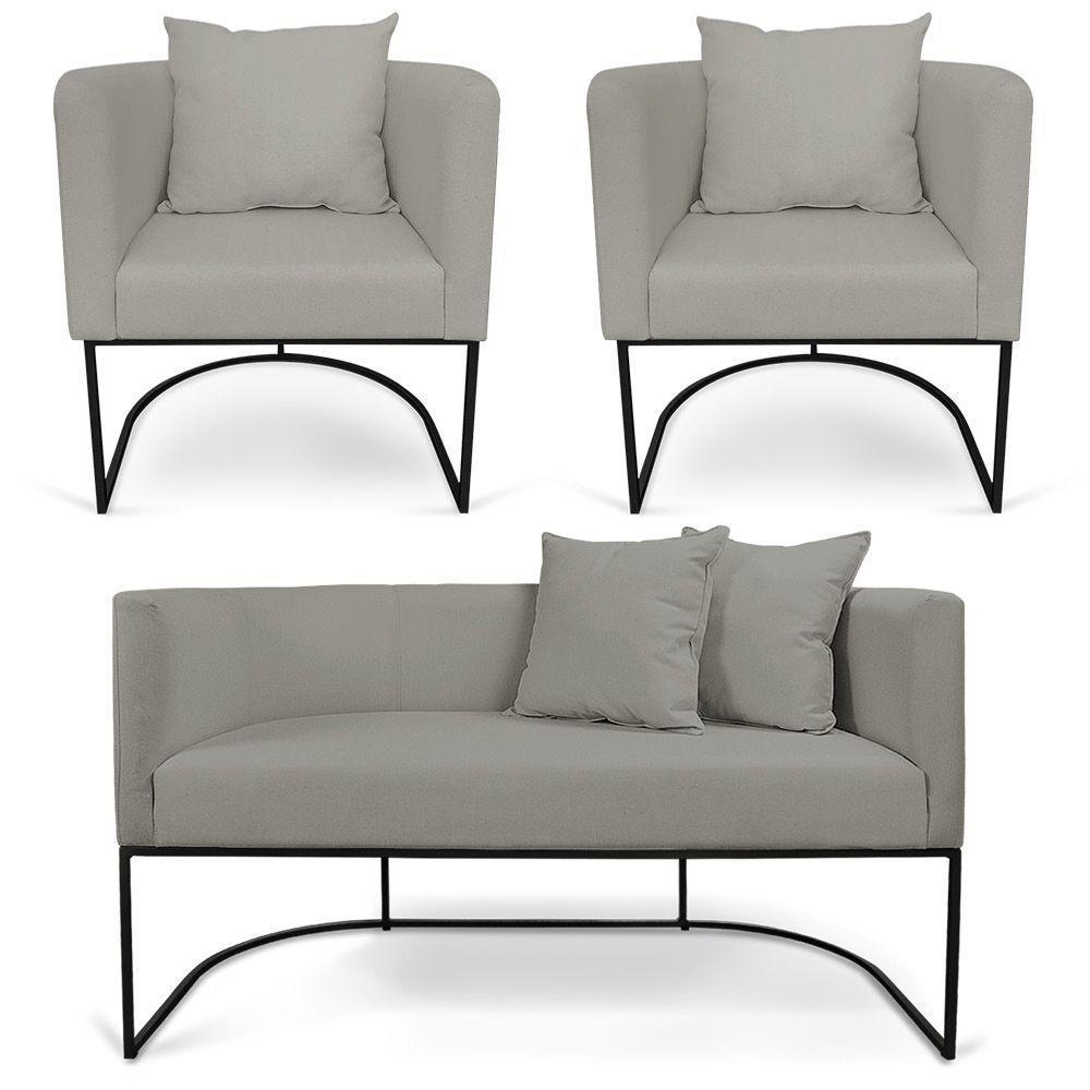 Kit 01 Namoradeira 02 Lugares E 02 Poltronas Paola Linho Grafite A26 Base Metálica Preto - 1