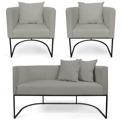 Kit 01 Namoradeira 02 Lugares E 02 Poltronas Paola Linho Grafite A26 Base Metálica Preto