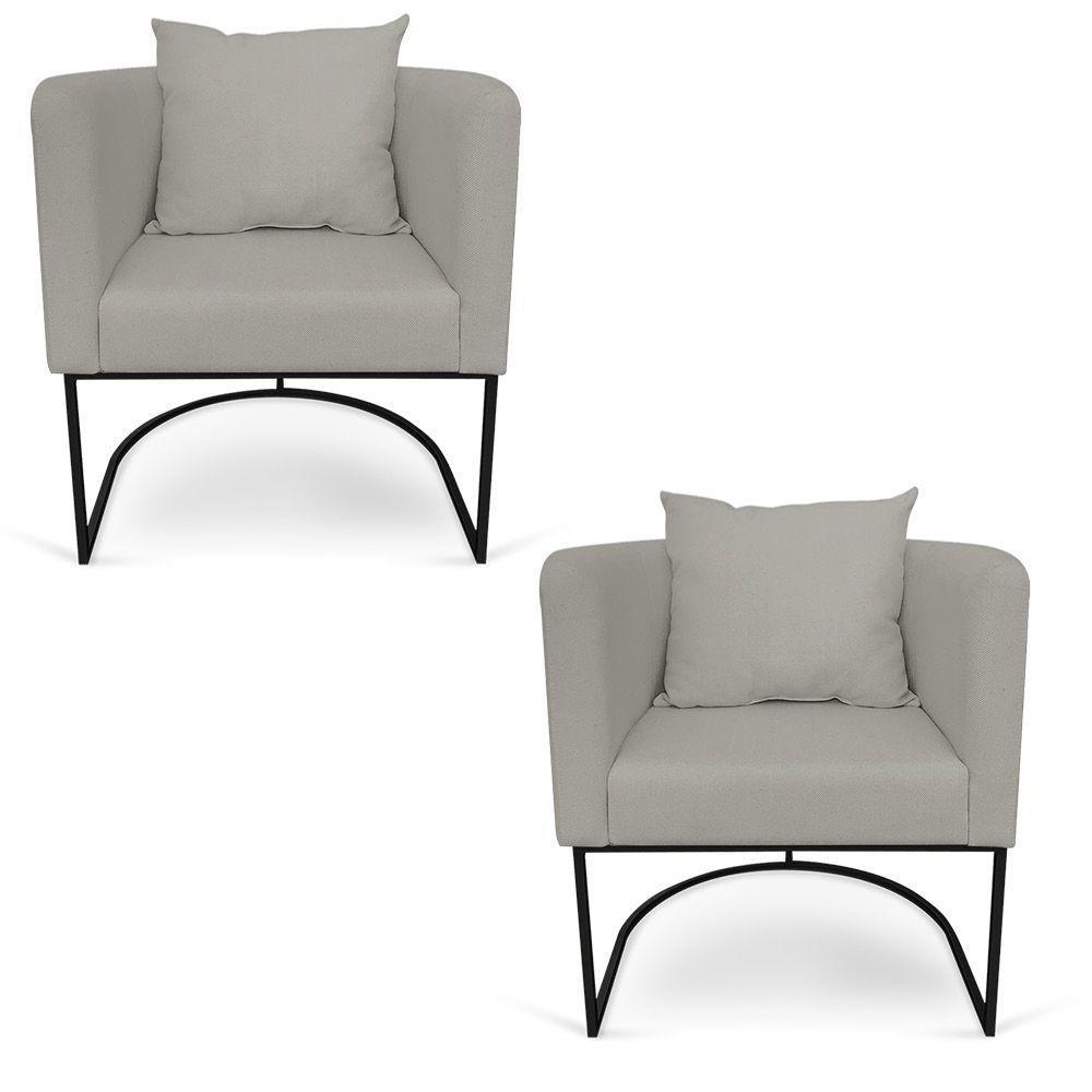 Kit 02 Poltronas Paola Linho Base Metálica Preto Cor Grafite - 1